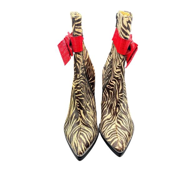Hale Bob Zebra Pony Hair Ankle Boots Red Bow Stiletto Heel Size 8M - Picture 2 of 16